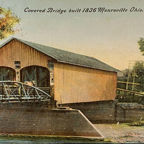 Covered Bridge Monroeville Ohio Postcard Vintage 1909 Horse Wagon monroville