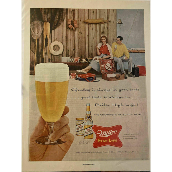 1957 Miller High Life Beer Fishing Picnic Boating Vintage Magazine Print Ad