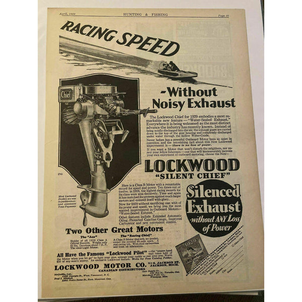 1929 Lockwood Chief Outboard Motor Silent Boat Jackson MI Vtg Magazine Print Ad