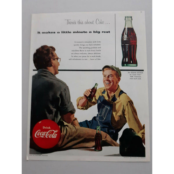 1954 Coca-Cola Soft Drink Beverage Workmen Break Time Coke Vtg Magazine Print Ad