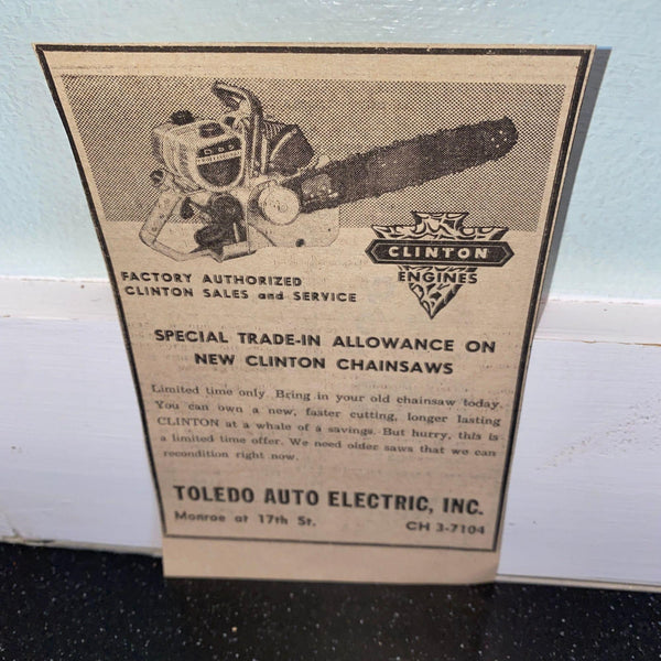 Clinton Engines Chainsaw 1960 newspaper ad Toledo Auto Electric