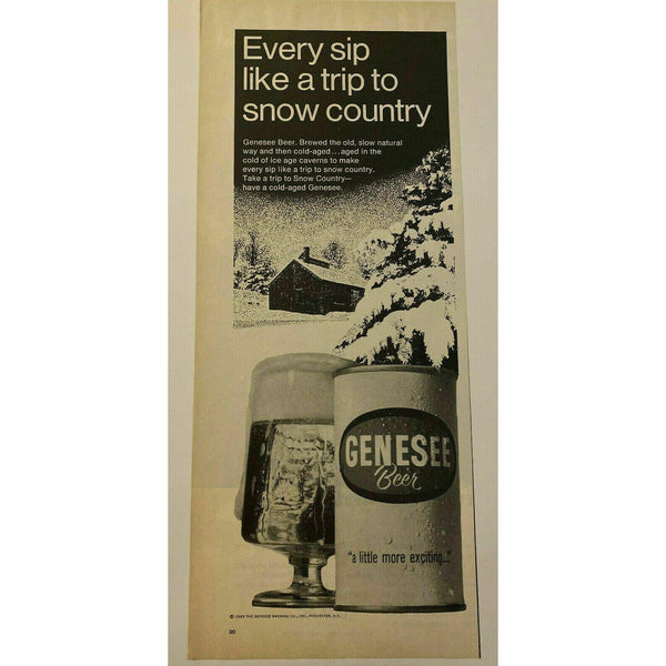 1969 Genesee Beer Rochester NY Cabin Snow Vintage Magazine Print Ad