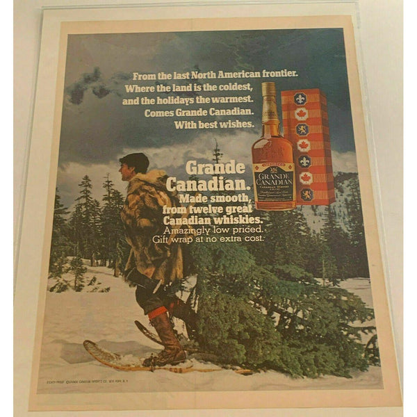 1971 Grande Canadian Whisky Christmas Tree Snowshoes Vintage Magazine Print Ad