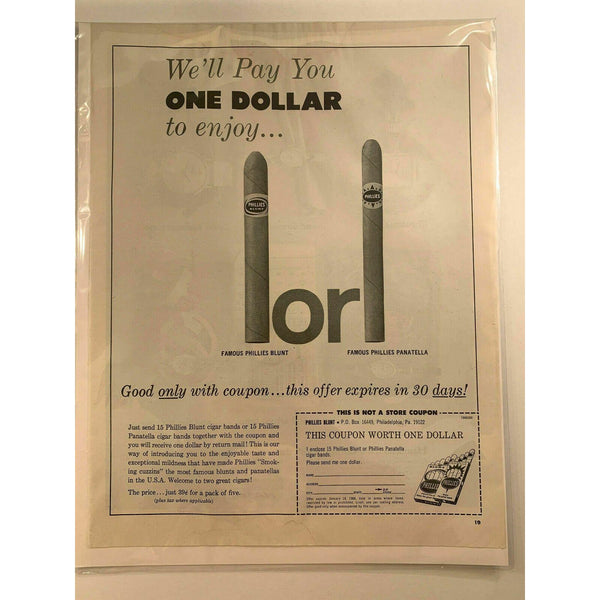 1965 Phillies Cigars Blunt Panatella Philadelphia Vintage Magazine Print Ad