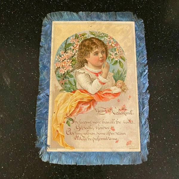 Valentines Day Card Victorian 1880s Vtg Blue Fringed L. Prang Boston MA