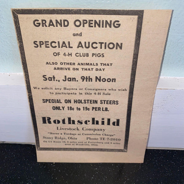 Rothschild Livestock Pig Auction 1960 newspaper ad Stony Ridge Ohio