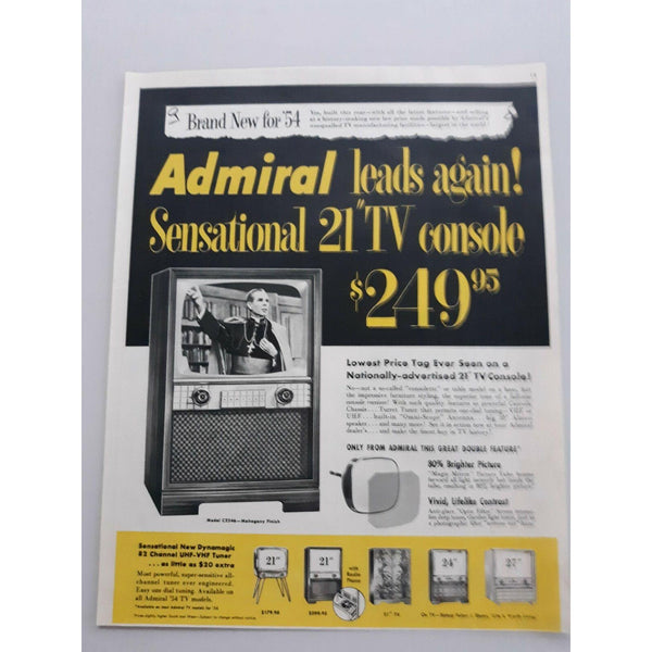 1954 Admiral 21" TV Model C2246 Mahogany Bishop Sheen Vintage Magazine Print Ad