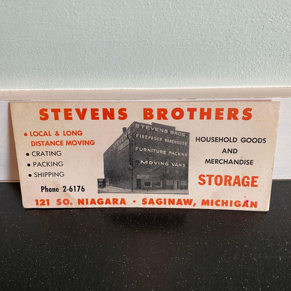 Stevens Brothers Moving Storage Ink Blotter Saginaw MI 1940s Vintage Advertising
